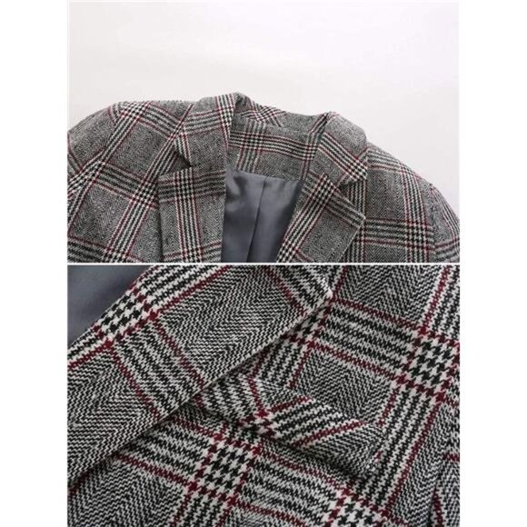 Women's Notch Lapel 2 Button Boyfriend Blazer Suit Houndstooth Plaid Jacket Coat - Picture 3 of 6